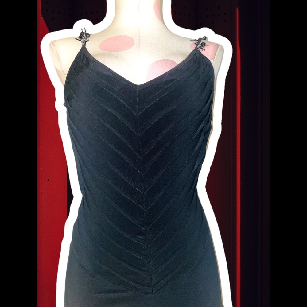 Explosion London V Neck Draped Back Beaded Strap Little Black Dress Sz 36 / 4